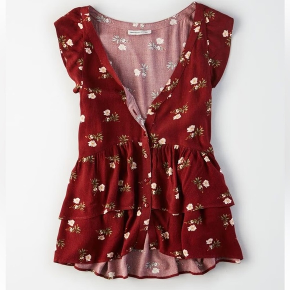 American Eagle Burgundy Button Up Ruffle Blouse Women XS Floral Cottagecore Boho